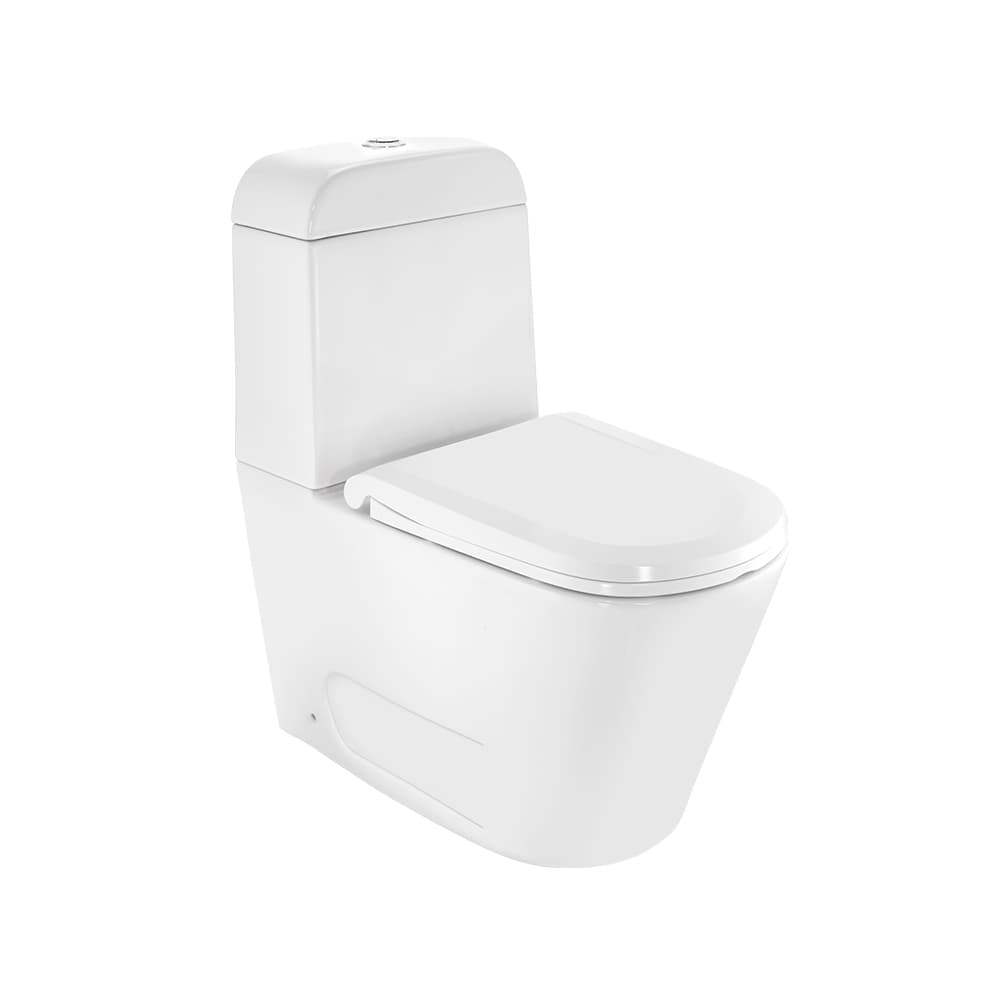 Rasm Gardishsiz monoblock unitaz-kompakt bachok bilan, sekin yopiluvchi o'rindiq, orqa kirishli ikki rejimli yuvish, mahkamlash to'plami (385×680×785 mm, P-trap 180 mm)